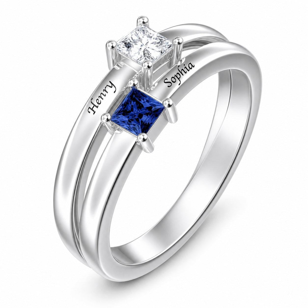 Custom square birthstone stacking ring set main view