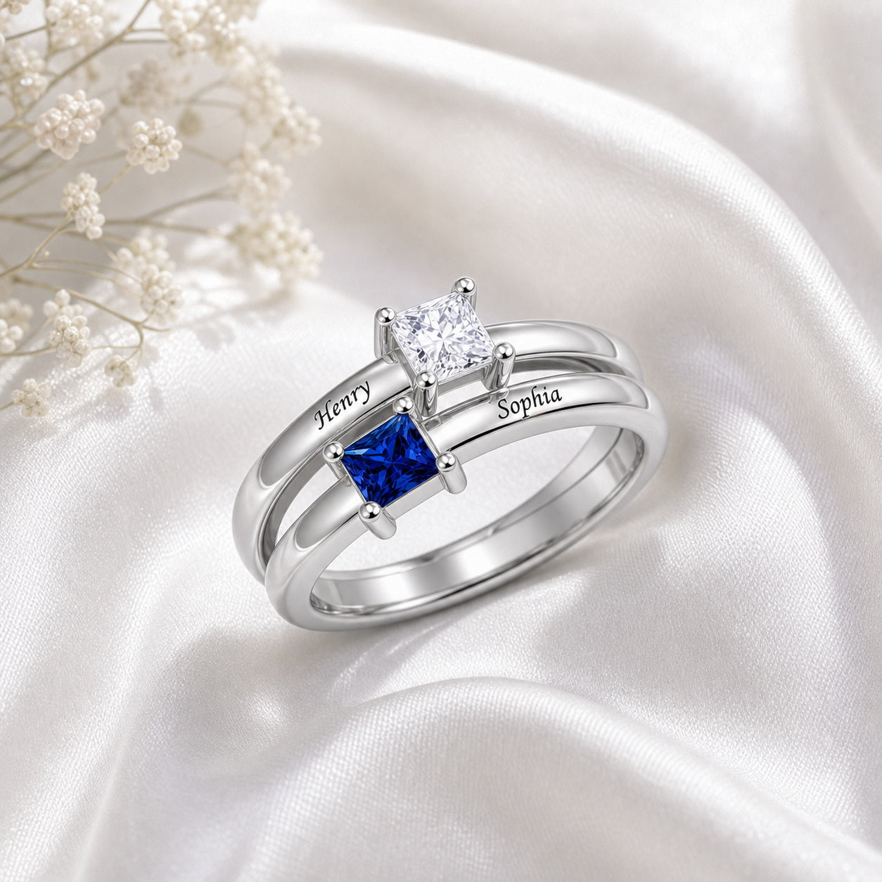 Custom square birthstone stacking ring set styled view