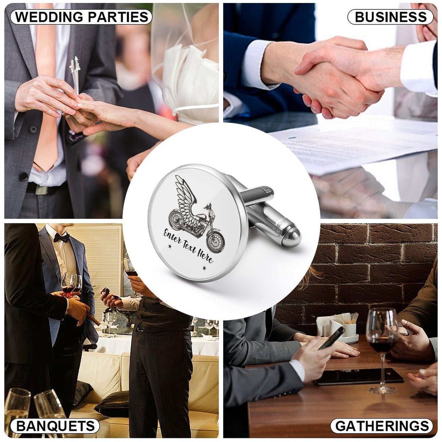 Stylish men's cufflinks worn on a formal dress shirt cuff.