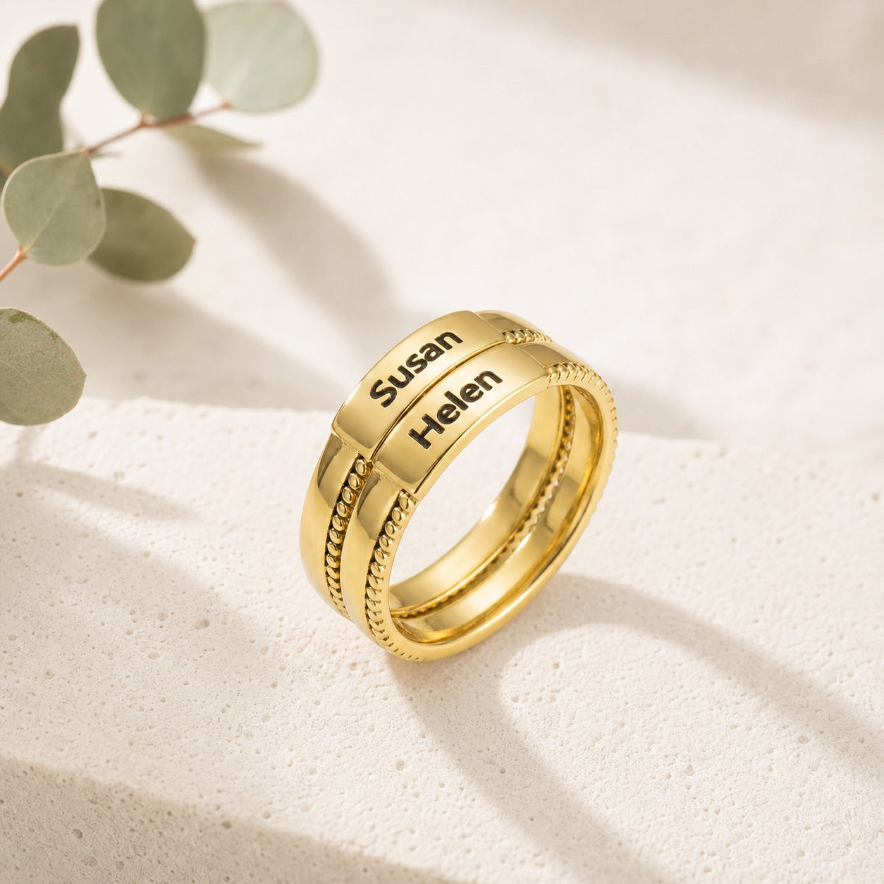 Custom Stacked Name Ring lifestyle view custom jewelry
