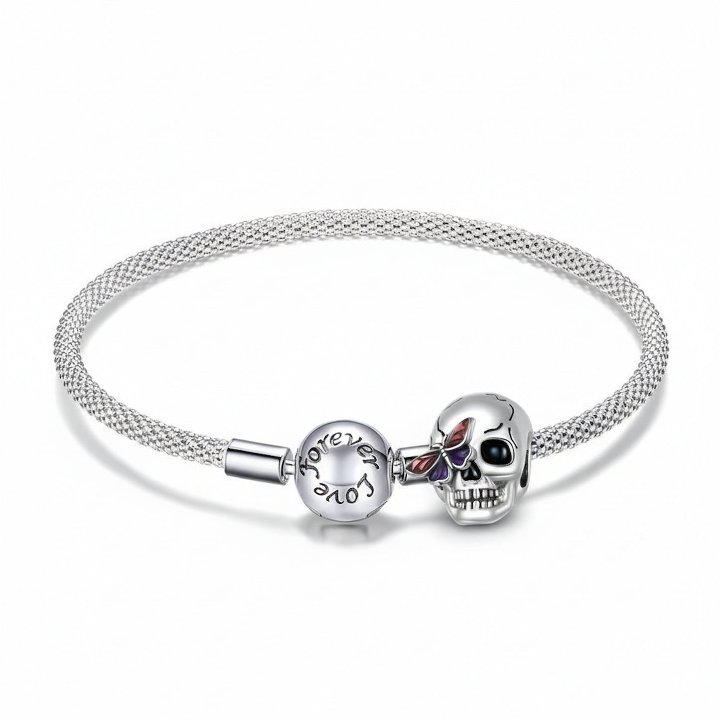 Custom sterling silver charm bracelet with skull and "forever love" beads.