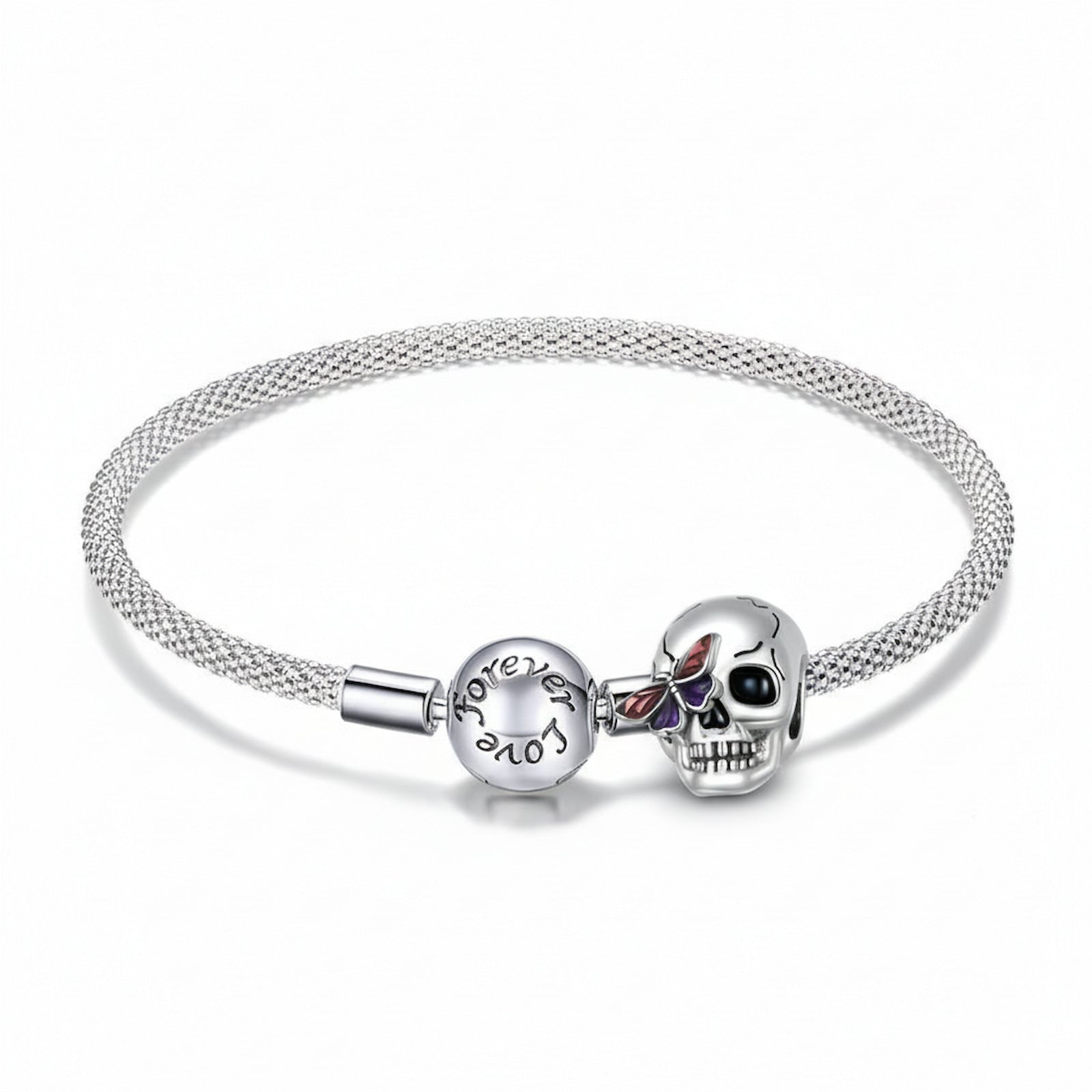 Custom sterling silver charm bracelet with skull and "forever love" beads.