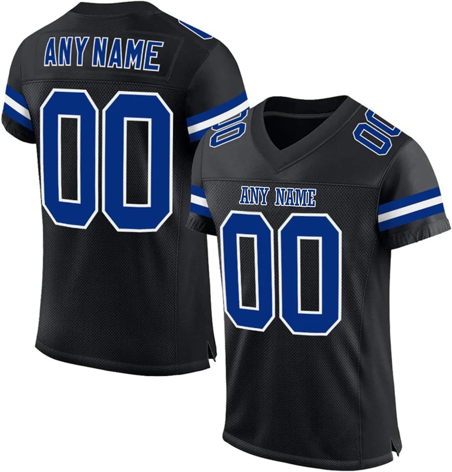 Custom Stitched Fan Uniform in black/blue, showing team name and large numbers.