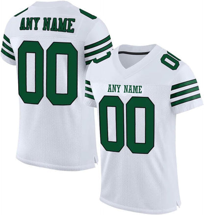 Women's Personalized White Green Football Jersey fit showing breathable, sports uniform fabric.
