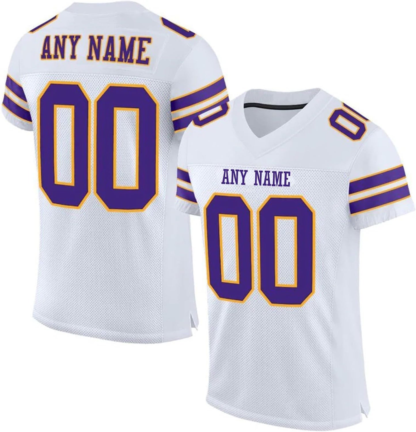 Women's Personalized White Purple Football Jersey fit showing breathable, sports uniform fabric.
