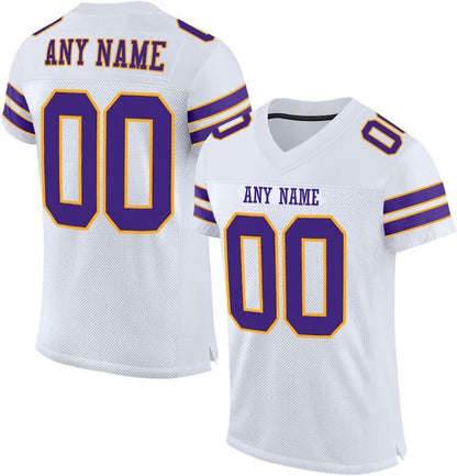 Women's Personalized White Purple Football Jersey fit showing breathable, sports uniform fabric.