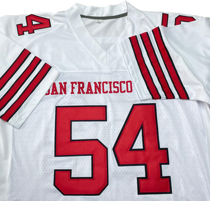 Custom Stitched Fan Uniform in white/red, showing team name and large numbers.