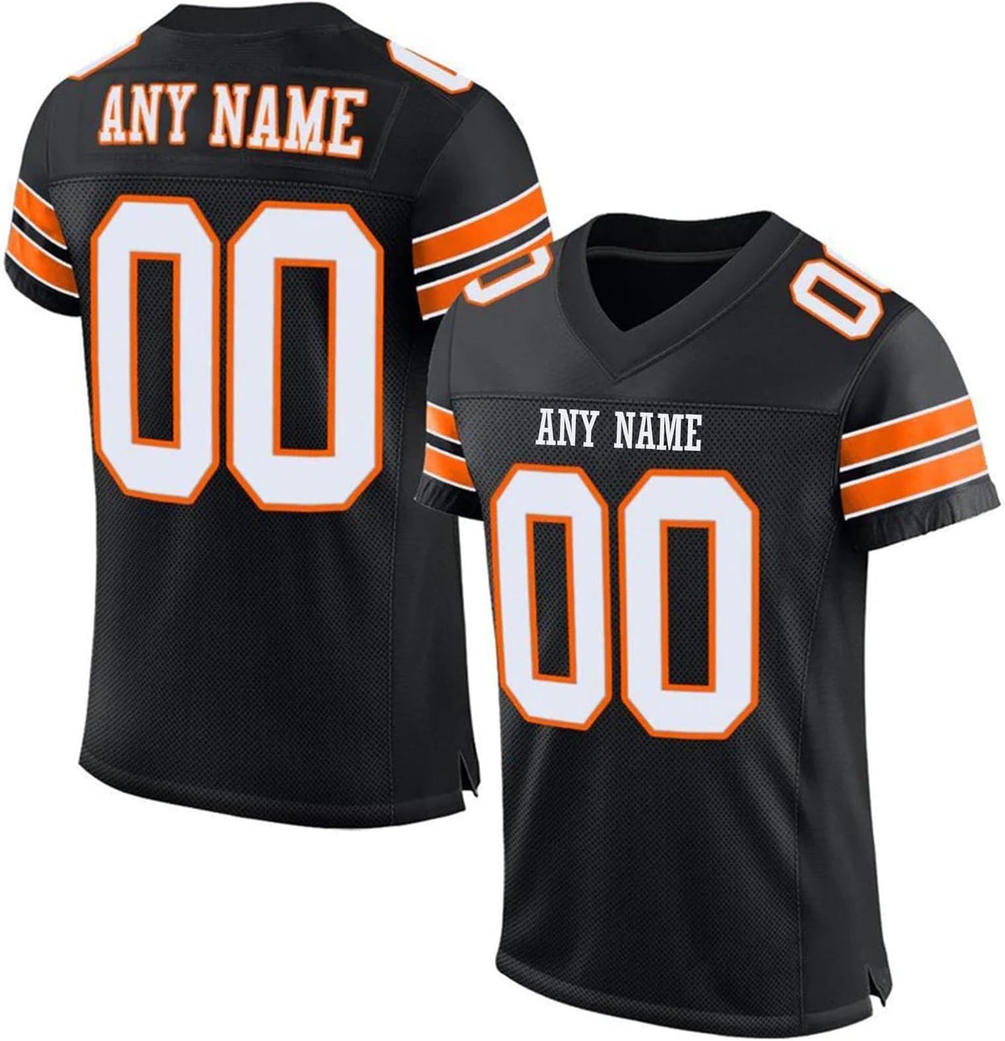 Custom Stitched Men Football Jersey in Black Orange, showing team name and large numbers. 