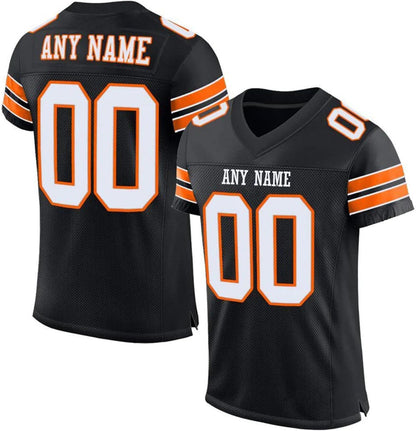 Custom Stitched Men Football Jersey in Black Orange, showing team name and large numbers. 