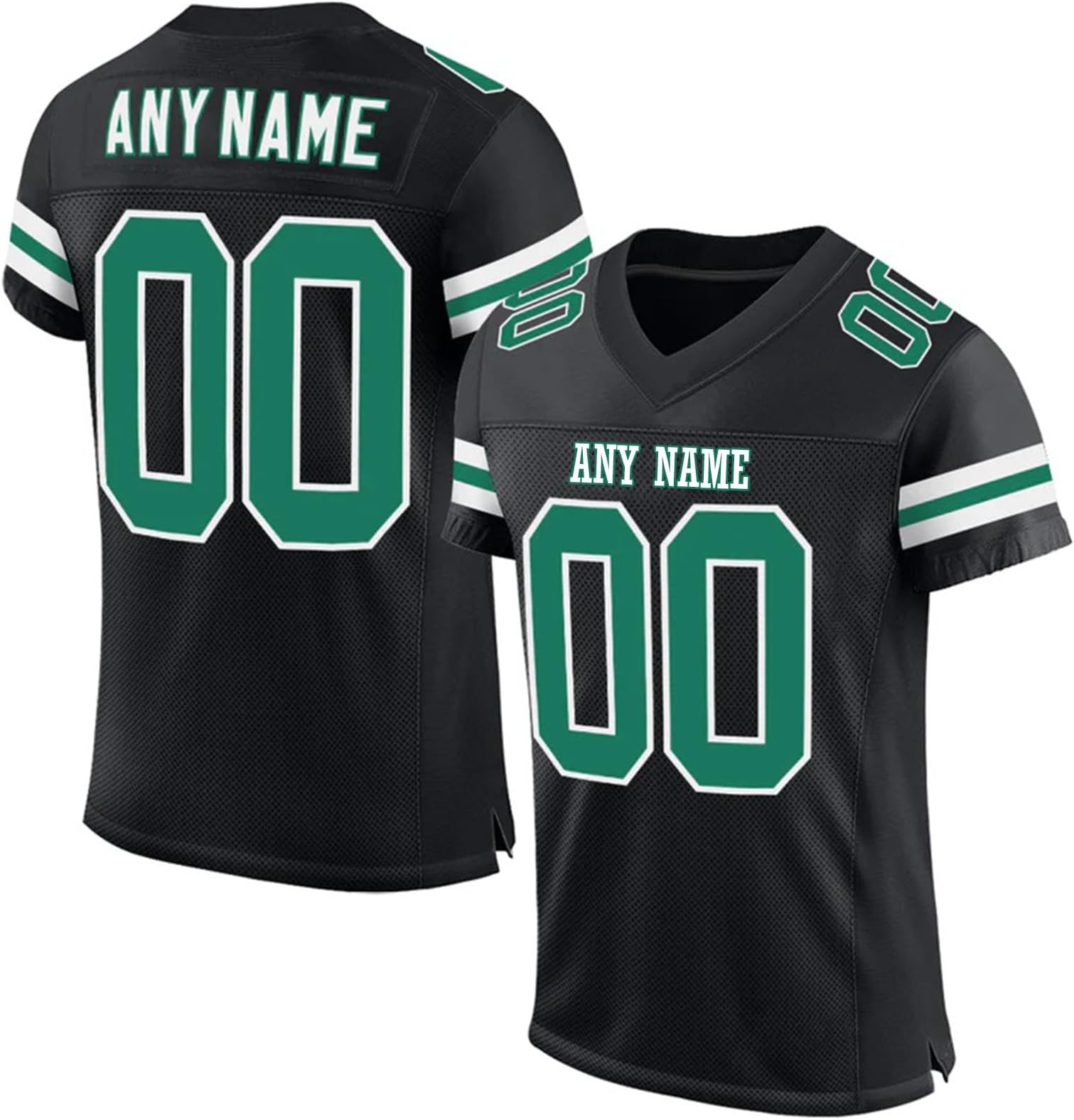 Custom Stitched Men Football Jersey in Black Green, showing team name and large numbers. 