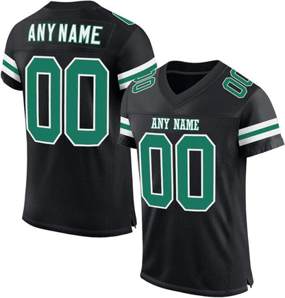 Custom Stitched Men Football Jersey in Black Green, showing team name and large numbers. 