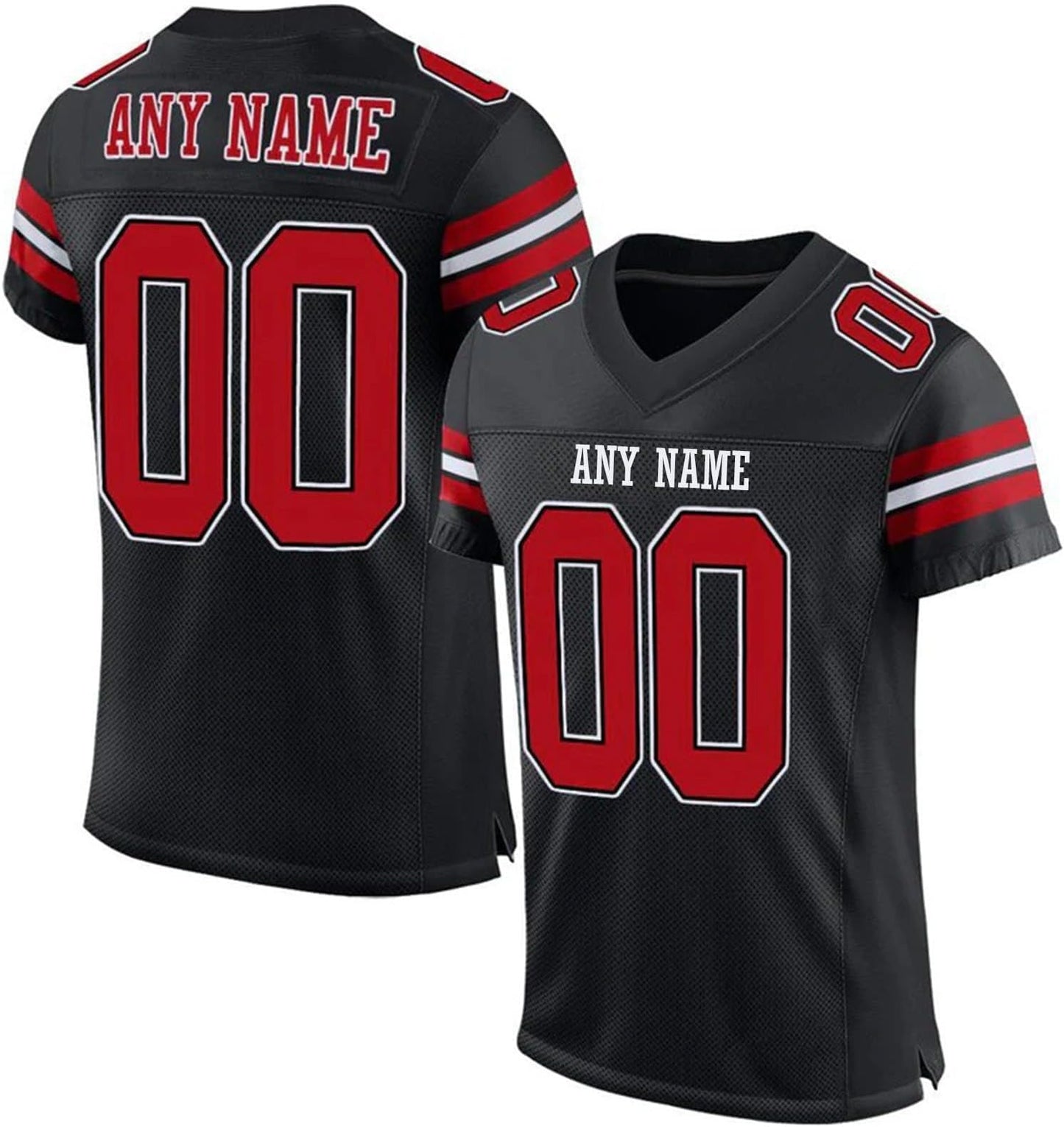 Custom Stitched Men Football Jersey in Black Red, showing team name and large numbers.