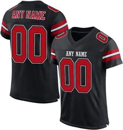 Custom Stitched Men Football Jersey in Black Red, showing team name and large numbers.