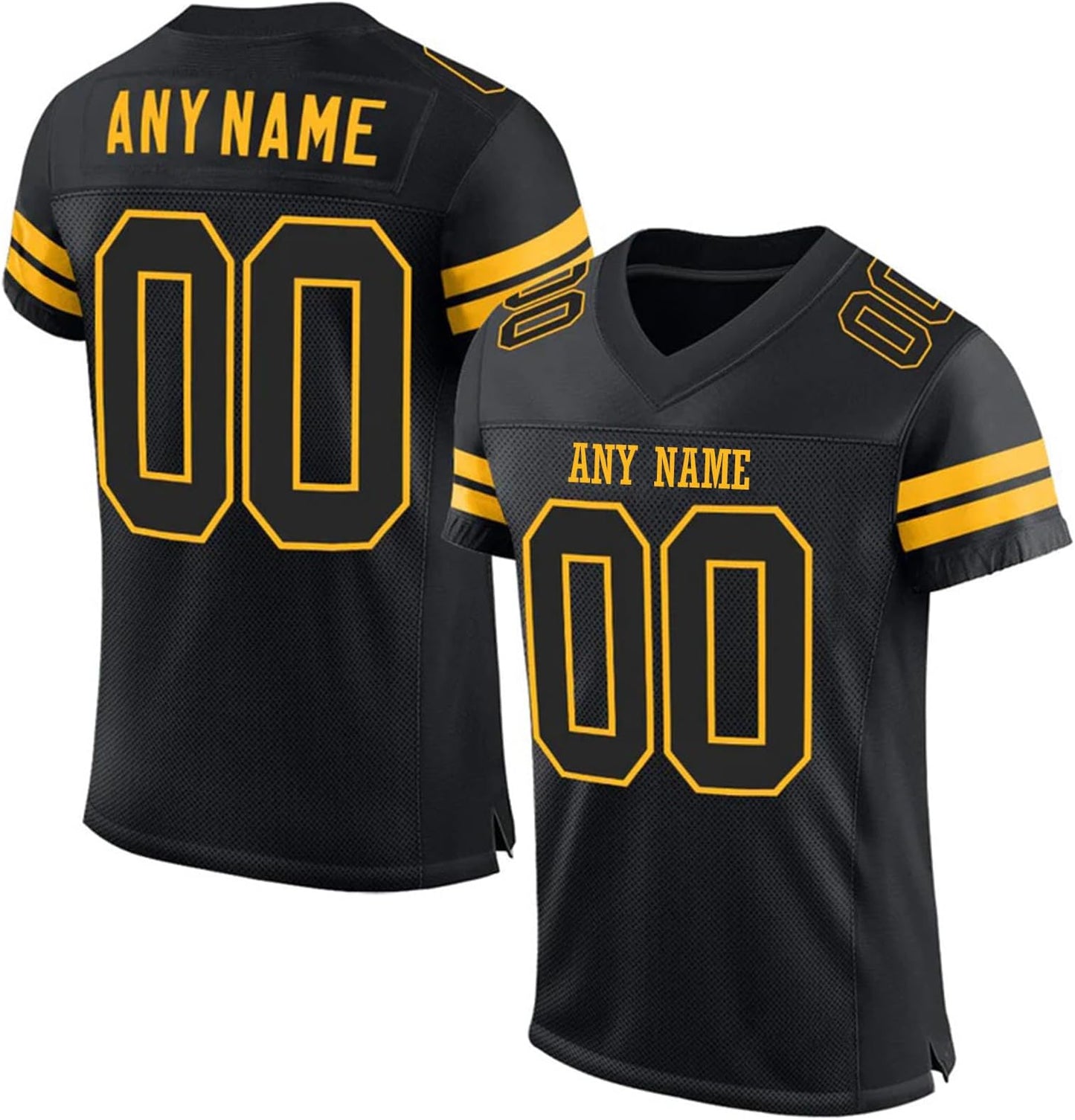 Custom Stitched Men Football Jersey in Black Yellow, showing team name and large numbers. 