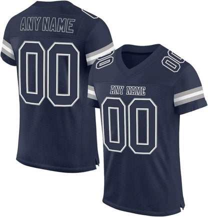 Custom Stitched Men Football Jersey in Navy Gray, showing team name and large numbers. 