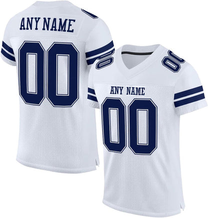 Custom Stitched Men Football Jersey in White Navy, showing team name and large numbers. 
