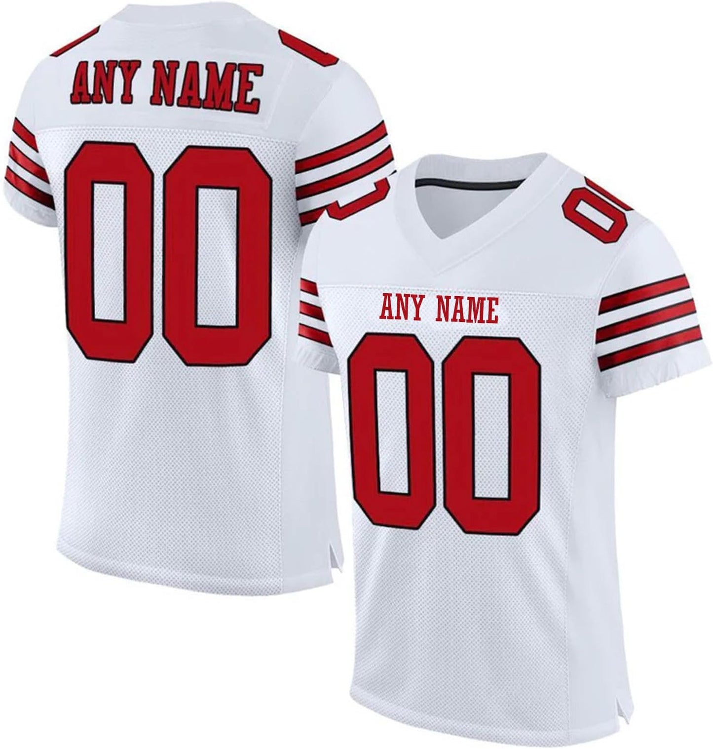Custom Stitched Men Football Jersey in White Red, showing team name and large numbers. 