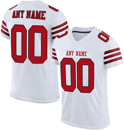 Custom Stitched Men Football Jersey in White Red, showing team name and large numbers. 