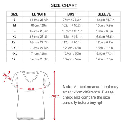Custom Summer Tops Size Chart for Women's Basic Tees, available from S to 5XL.