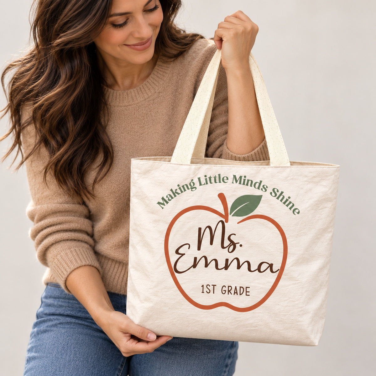 Personalized Teacher Tote Bag - Custom Name & Grade Apple Gift Bag, Lightweight Durable Reusable Paper-Like Bag - custom design detail