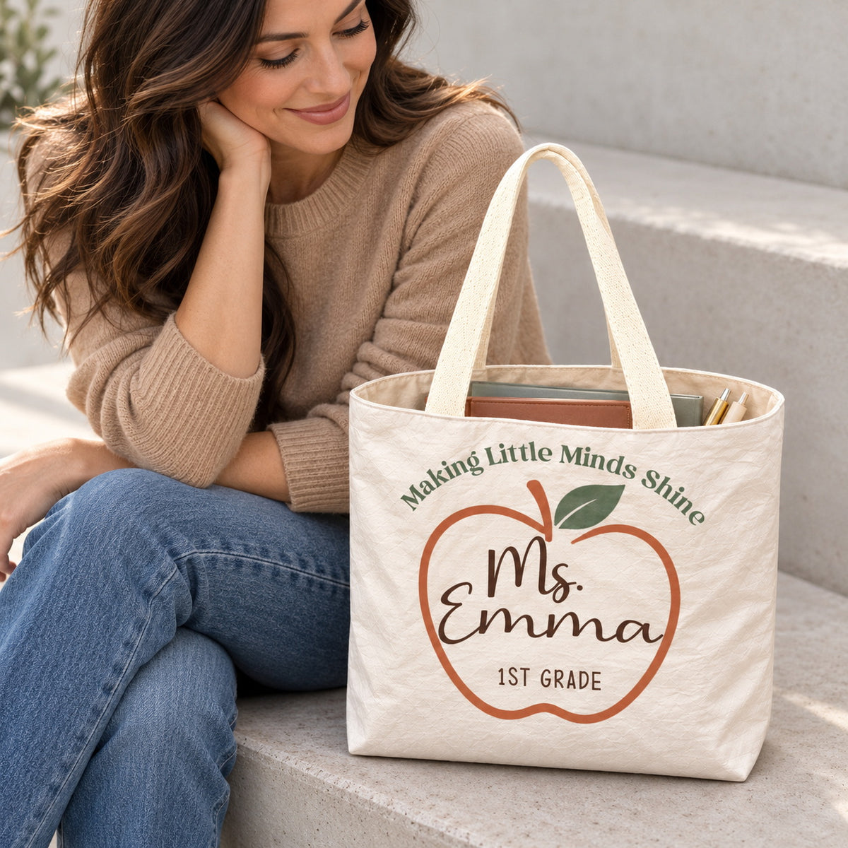 Personalized Teacher Tote Bag - Custom Name & Grade Apple Gift Bag, Lightweight Durable Reusable Paper-Like Bag - open interior canvas lining view