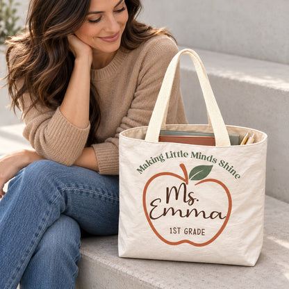 Personalized Teacher Tote Bag - Custom Name & Grade Apple Gift Bag, Lightweight Durable Reusable Paper-Like Bag - open interior canvas lining view