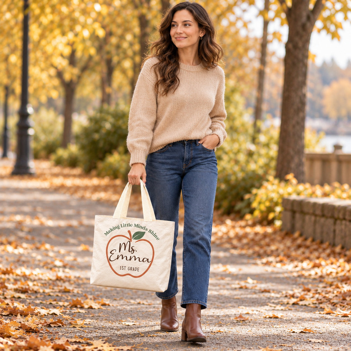 Personalized Teacher Tote Bag - Custom Name & Grade Apple Gift Bag, Lightweight Durable Reusable Paper-Like Bag - outdoor model styling view