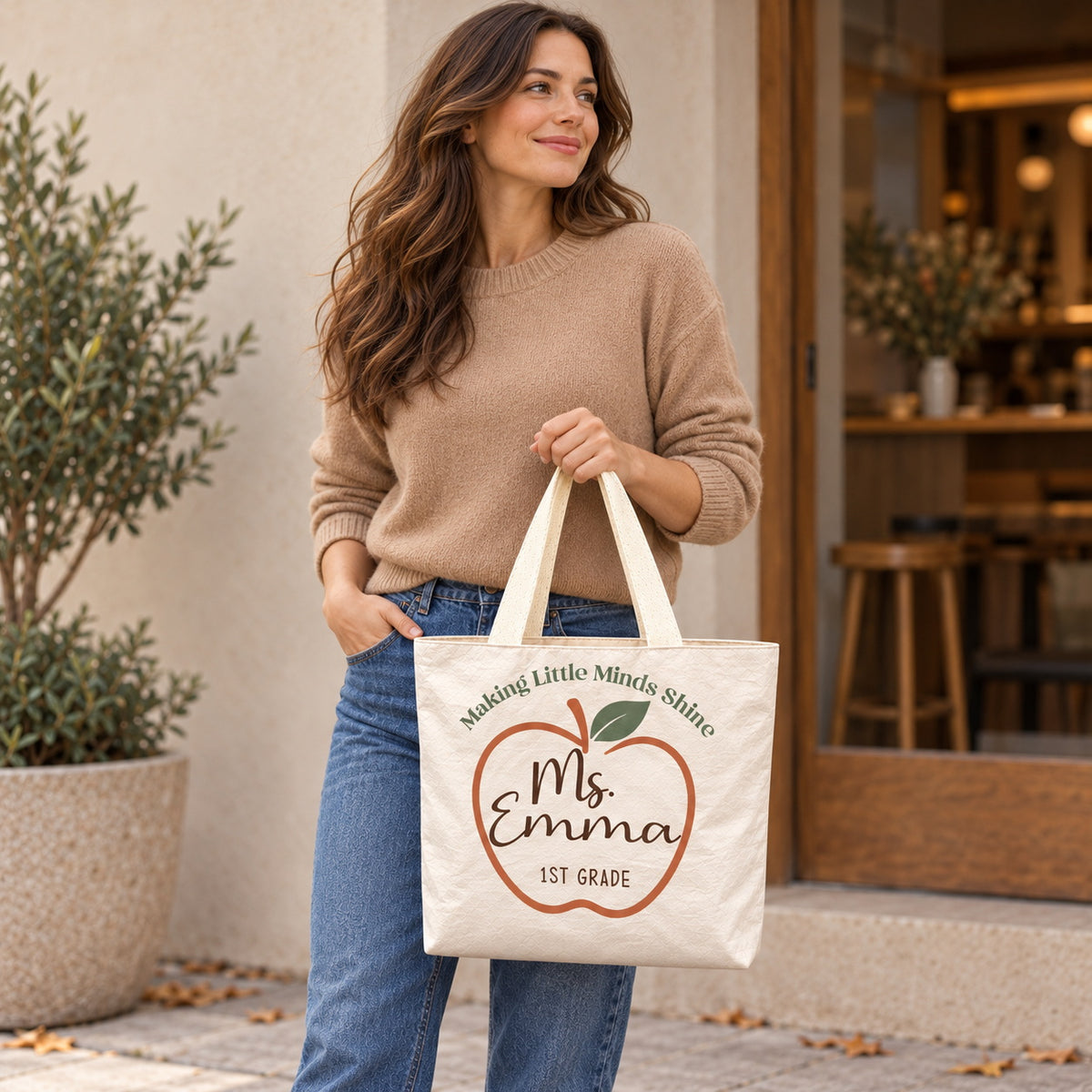Personalized Teacher Tote Bag - Custom Name & Grade Apple Gift Bag, Lightweight Durable Reusable Paper-Like Bag - personalized lifestyle scene