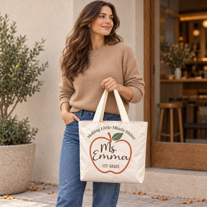 Personalized Teacher Tote Bag - Custom Name & Grade Apple Gift Bag, Lightweight Durable Reusable Paper-Like Bag - personalized lifestyle scene