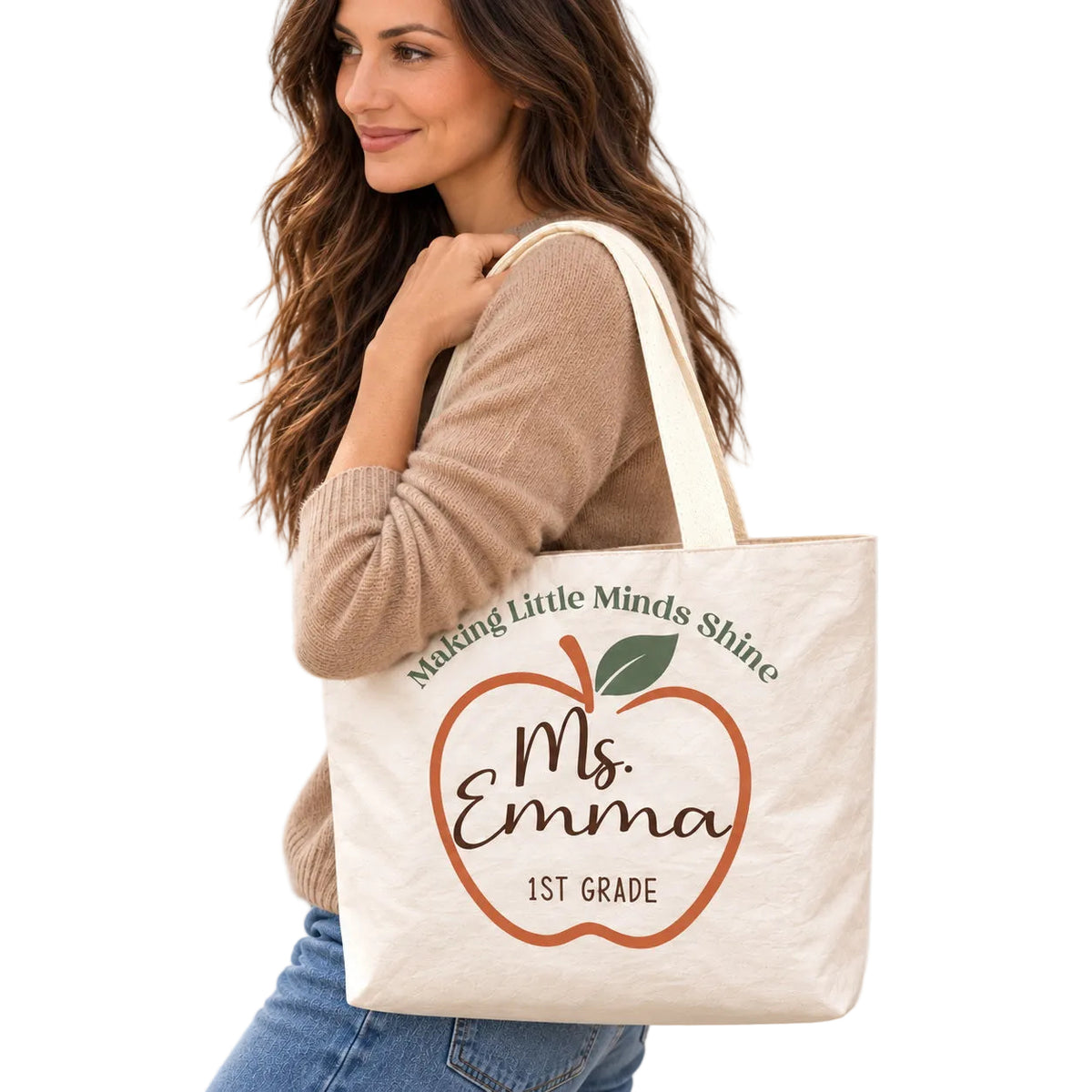 Personalized Teacher Tote Bag - Custom Name & Grade Apple Gift Bag, Lightweight Durable Reusable Paper-Like Bag - shoulder carry classroom outfit view