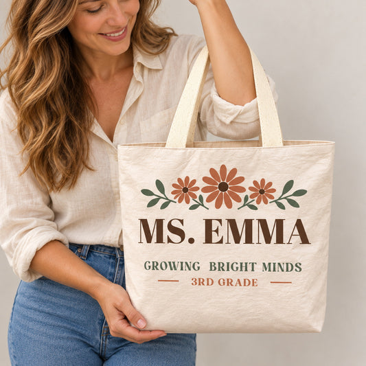 Personalized Teacher Tote Bag - Custom Name & Grade Daisy Floral Gift Bag, Lightweight Durable Reusable Paper-Like Bag - custom design detail