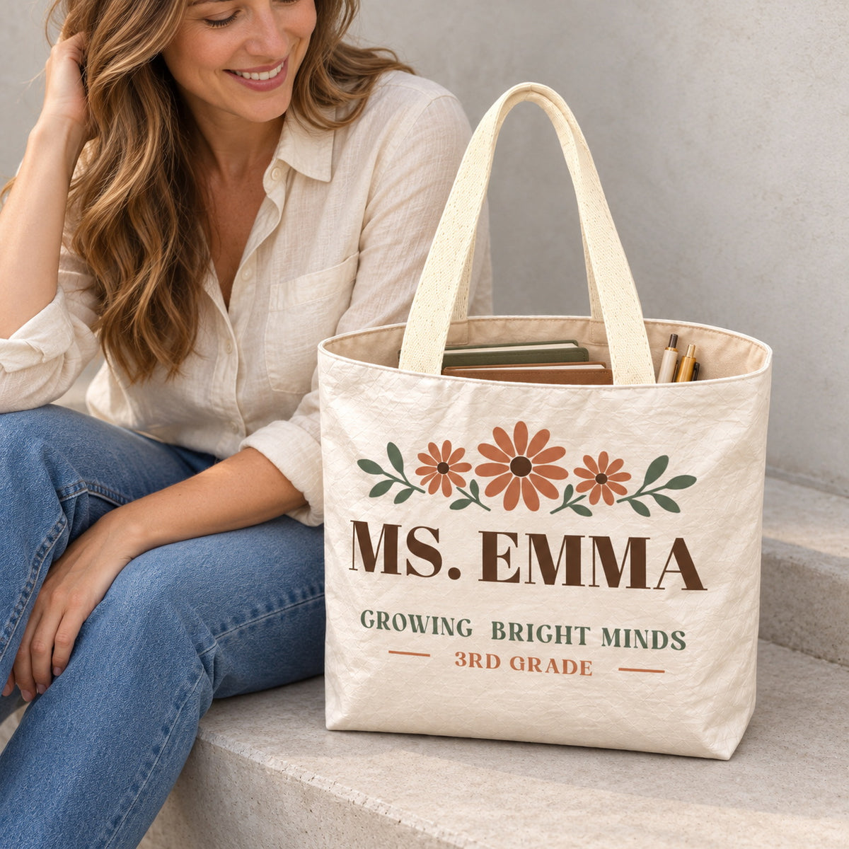 Personalized Teacher Tote Bag - Custom Name & Grade Daisy Floral Gift Bag, Lightweight Durable Reusable Paper-Like Bag - open interior canvas lining view