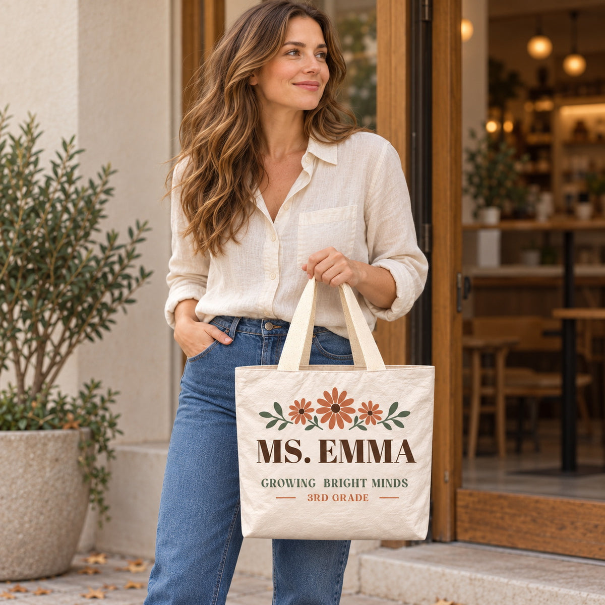 Personalized Teacher Tote Bag - Custom Name & Grade Daisy Floral Gift Bag, Lightweight Durable Reusable Paper-Like Bag - personalized lifestyle scene