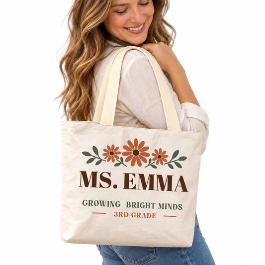 Personalized Teacher Tote Bag - Custom Name & Grade Daisy Floral Gift Bag, Lightweight Durable Reusable Paper-Like Bag - shoulder carry classroom outfit view