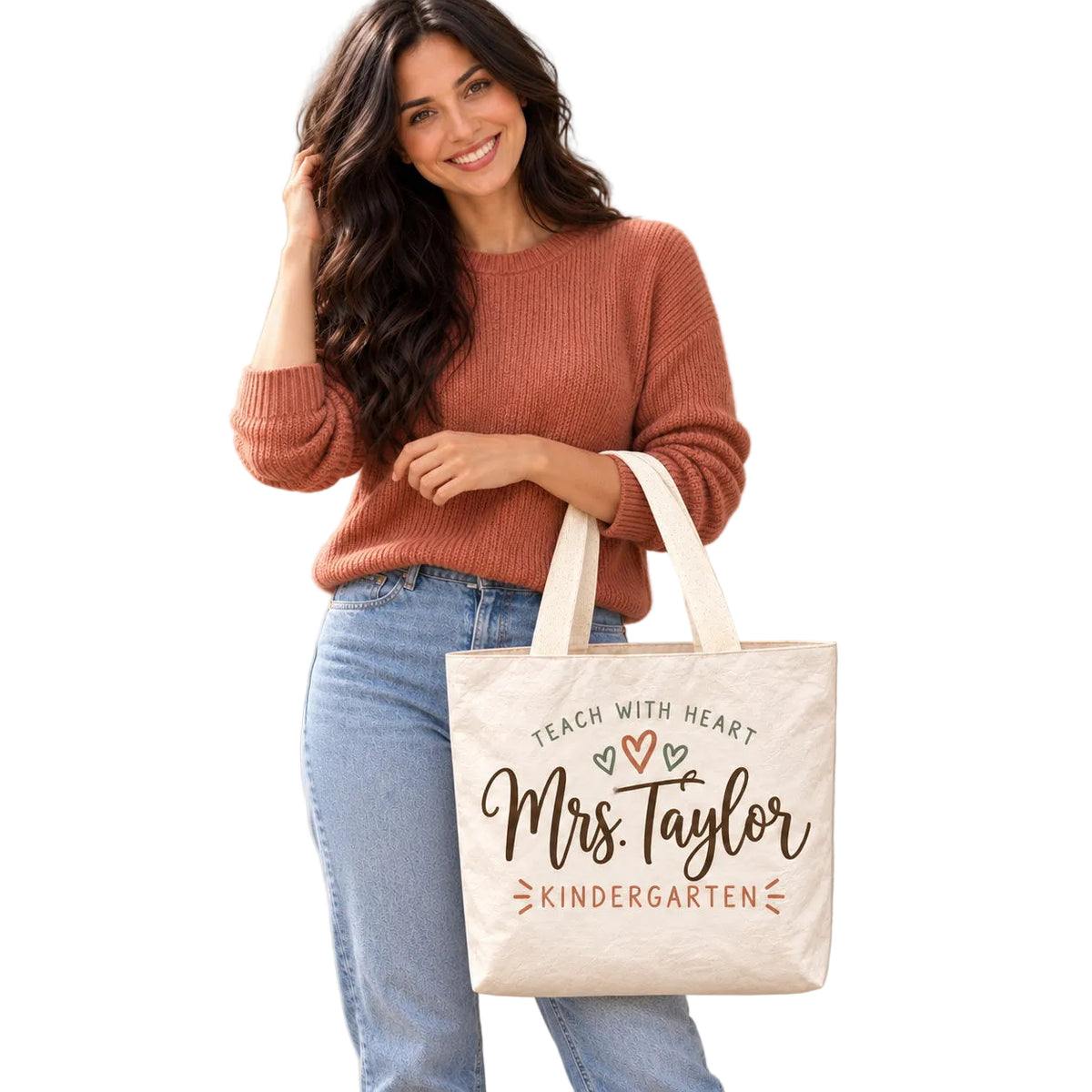 Personalized Teacher Appreciation Bag - Custom Name & Grade Hearts Gift Bag, Lightweight Durable Reusable Paper-Like Bag - custom design detail
