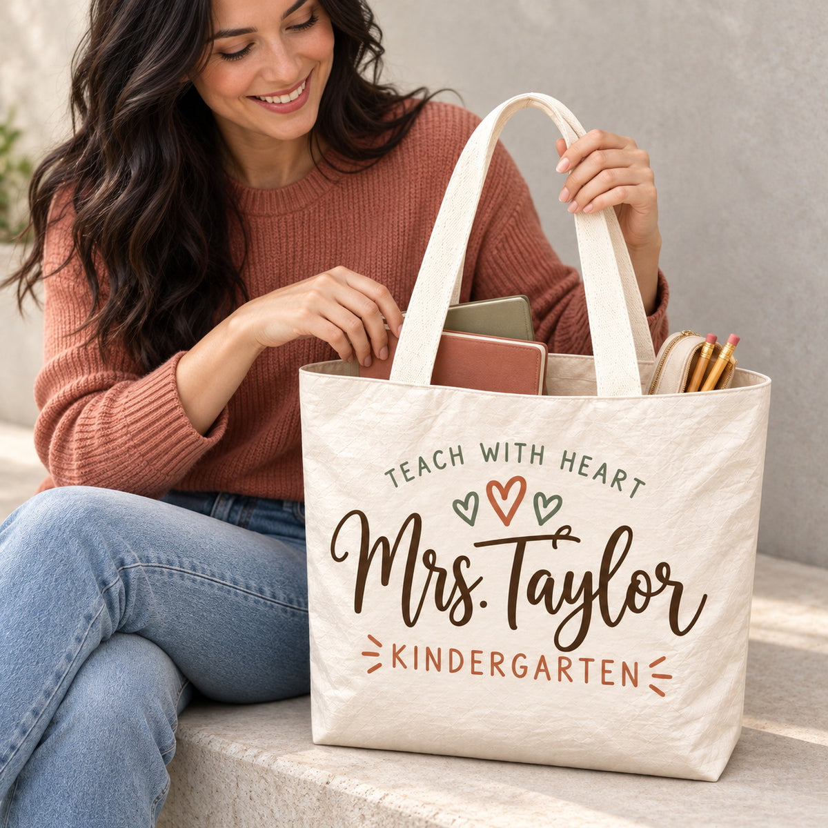 Personalized Teacher Appreciation Bag - Custom Name & Grade Hearts Gift Bag, Lightweight Durable Reusable Paper-Like Bag - open interior canvas lining view