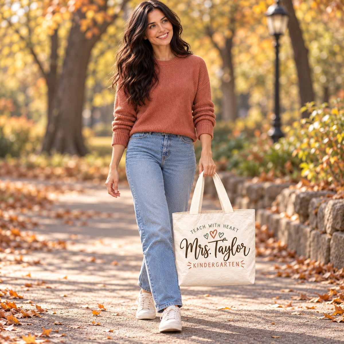Personalized Teacher Appreciation Bag - Custom Name & Grade Hearts Gift Bag, Lightweight Durable Reusable Paper-Like Bag - outdoor model styling view