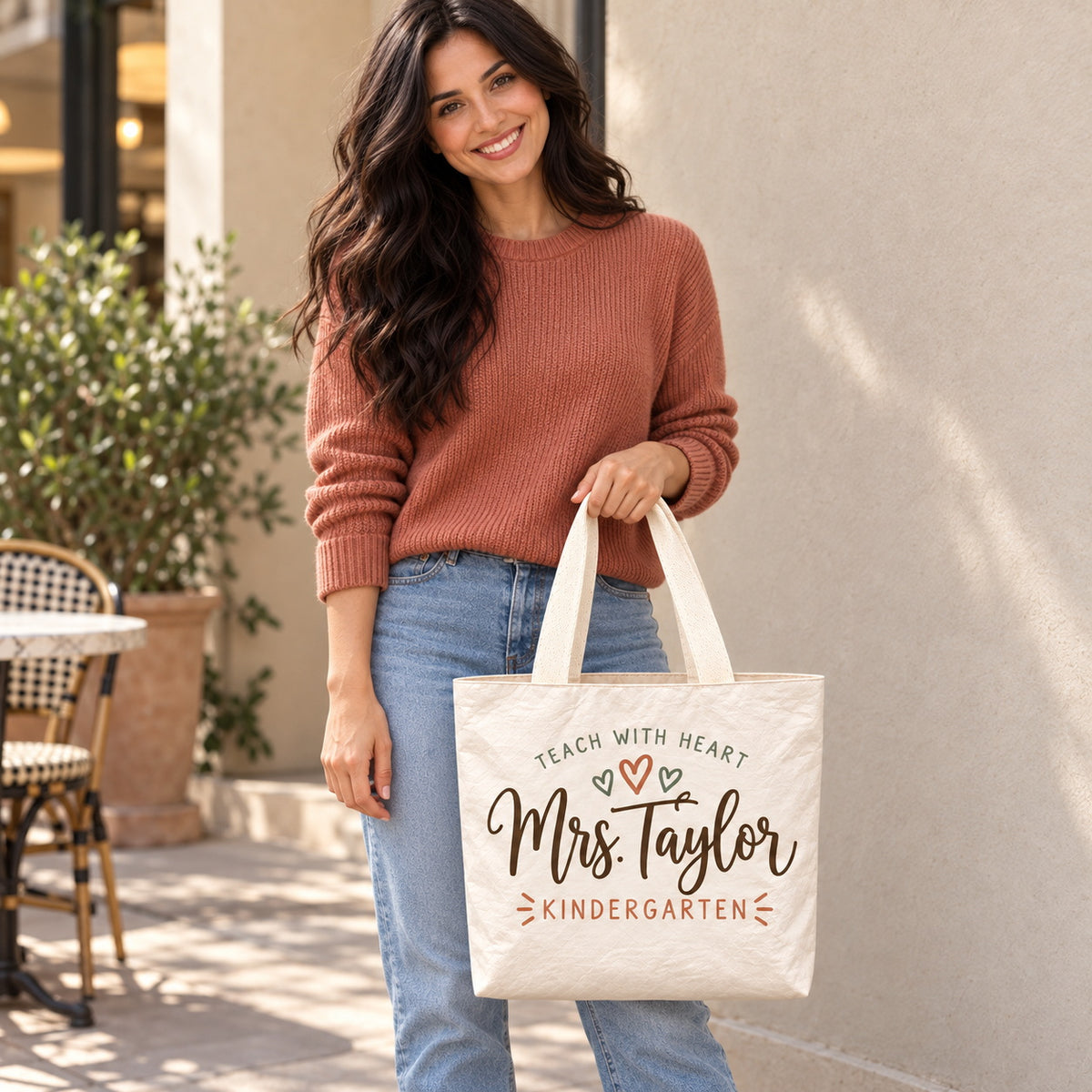 Personalized Teacher Appreciation Bag - Custom Name & Grade Hearts Gift Bag, Lightweight Durable Reusable Paper-Like Bag - personalized lifestyle scene