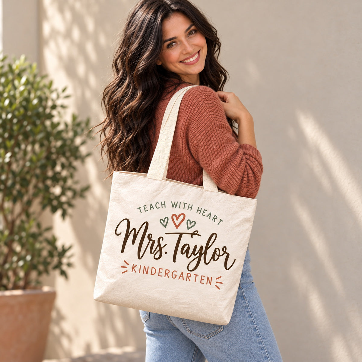 Personalized Teacher Appreciation Bag - Custom Name & Grade Hearts Gift Bag, Lightweight Durable Reusable Paper-Like Bag - shoulder carry classroom outfit view