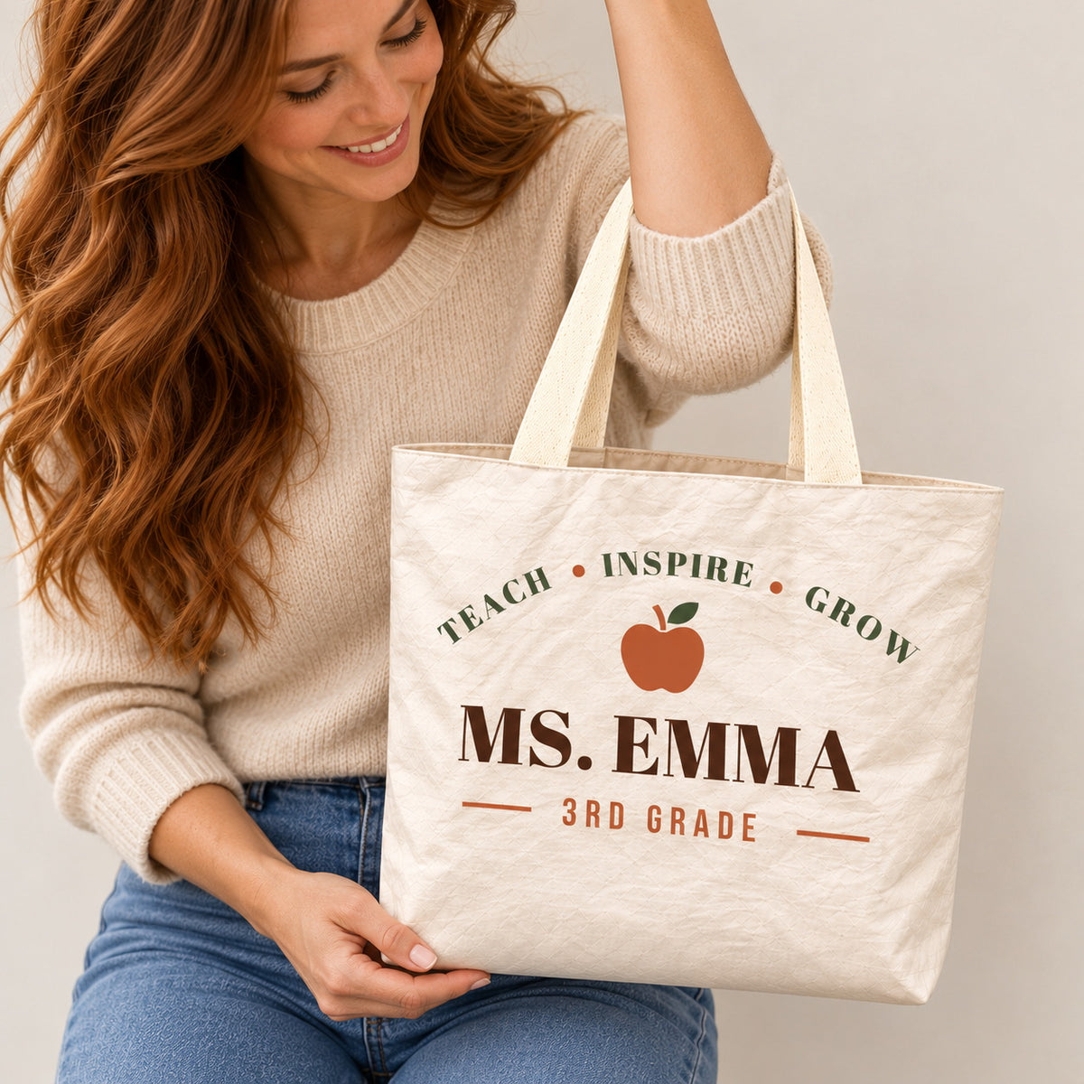 Personalized Teacher Tote Bag - Custom Name & Grade Minimalist Apple Gift Bag, Lightweight Durable Reusable Paper-Like Bag - custom design detail