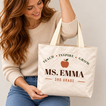 Personalized Teacher Tote Bag - Custom Name & Grade Minimalist Apple Gift Bag, Lightweight Durable Reusable Paper-Like Bag - custom design detail