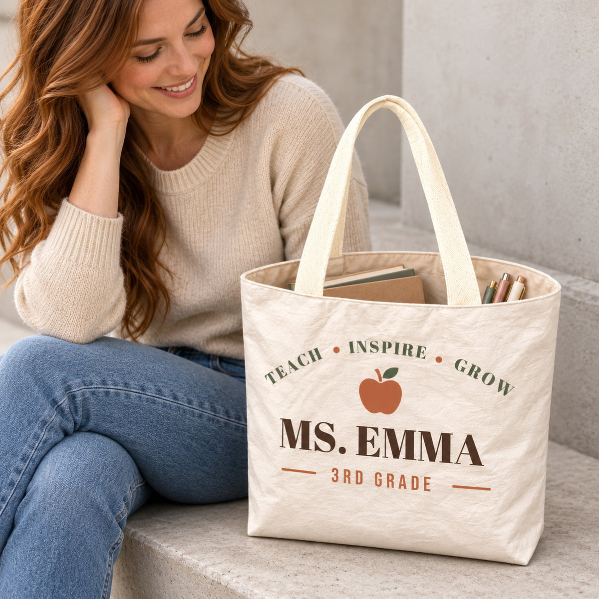 Personalized Teacher Tote Bag - Custom Name & Grade Minimalist Apple Gift Bag, Lightweight Durable Reusable Paper-Like Bag - open interior canvas lining view