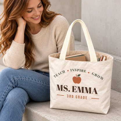 Personalized Teacher Tote Bag - Custom Name & Grade Minimalist Apple Gift Bag, Lightweight Durable Reusable Paper-Like Bag - open interior canvas lining view