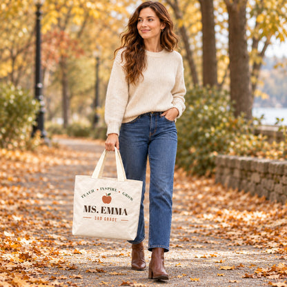 Personalized Teacher Tote Bag - Custom Name & Grade Minimalist Apple Gift Bag, Lightweight Durable Reusable Paper-Like Bag - outdoor model styling view