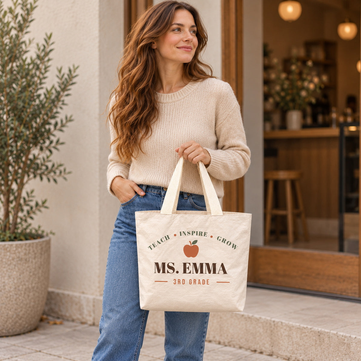 Personalized Teacher Tote Bag - Custom Name & Grade Minimalist Apple Gift Bag, Lightweight Durable Reusable Paper-Like Bag - personalized lifestyle scene