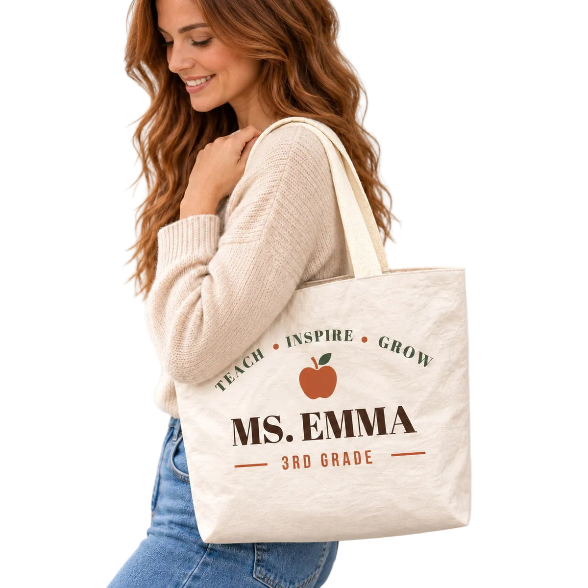 Personalized Teacher Tote Bag - Custom Name & Grade Minimalist Apple Gift Bag, Lightweight Durable Reusable Paper-Like Bag - shoulder carry classroom outfit view