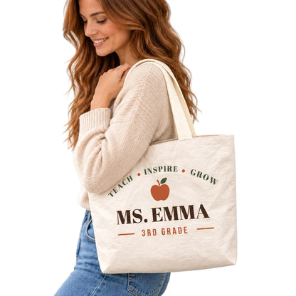 Personalized Teacher Tote Bag - Custom Name & Grade Minimalist Apple Gift Bag, Lightweight Durable Reusable Paper-Like Bag - shoulder carry classroom outfit view