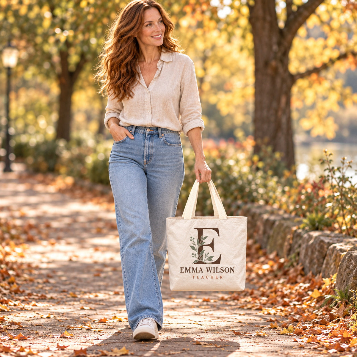 Personalized Monogram Teacher Tote Bag - Custom Name Botanical Letter Gift Bag, Lightweight Durable Reusable Paper-Like Bag - outdoor model styling view
