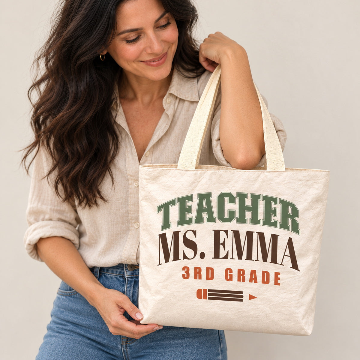 Personalized Teacher Tote Bag - Custom Name & Grade Retro Pencil Gift Bag, Lightweight Durable Reusable Paper-Like Bag - custom design detail
