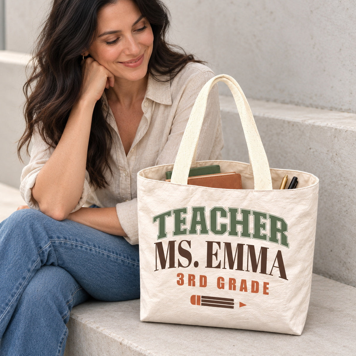 Personalized Teacher Tote Bag - Custom Name & Grade Retro Pencil Gift Bag, Lightweight Durable Reusable Paper-Like Bag - open interior canvas lining view